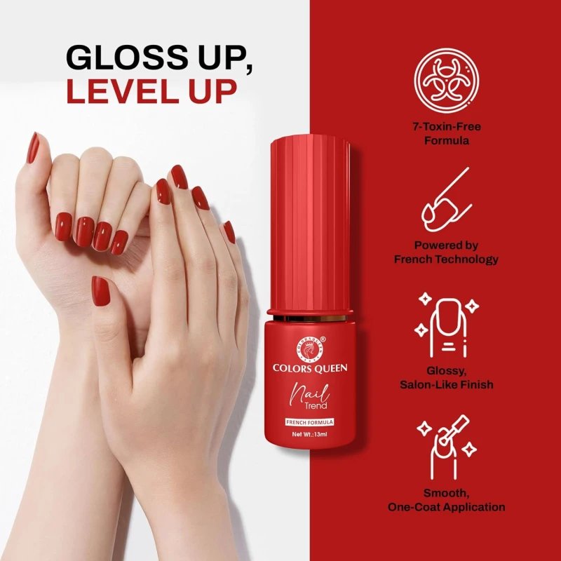 Colors Queen Nail Trend Glossy Nail Polish | Chip Resisting & Quick Drying Nail Paint with High Shine | 7 Toxin Free Formula | Vegan & Cruelty Free | Long Lasting & Vibrant Nail Paint for Women (Apple Slice, 13ml) thumbnail 3